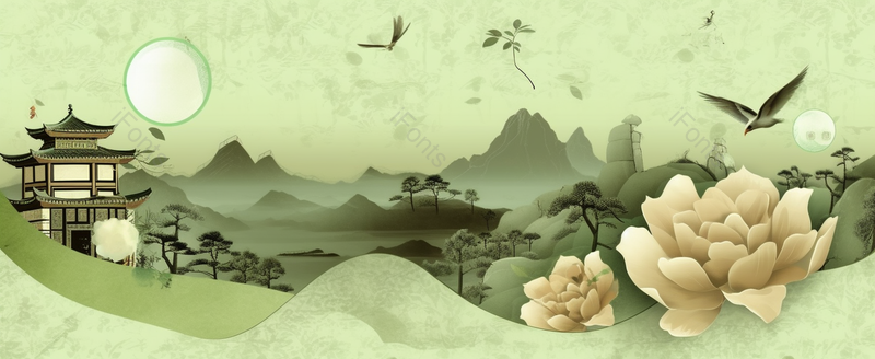 中国风横版手绘插画牡丹花朵盛开鸟儿和蝴蝶飞过远处古风房屋建筑山峰和云雾中式复古风格,插画/手绘图,插画/手绘图库,插画/手绘图下载,插画/手绘